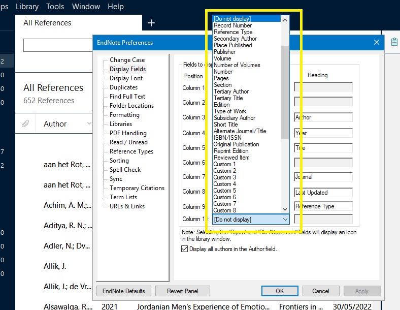 screenshot of EndNote - field preferences